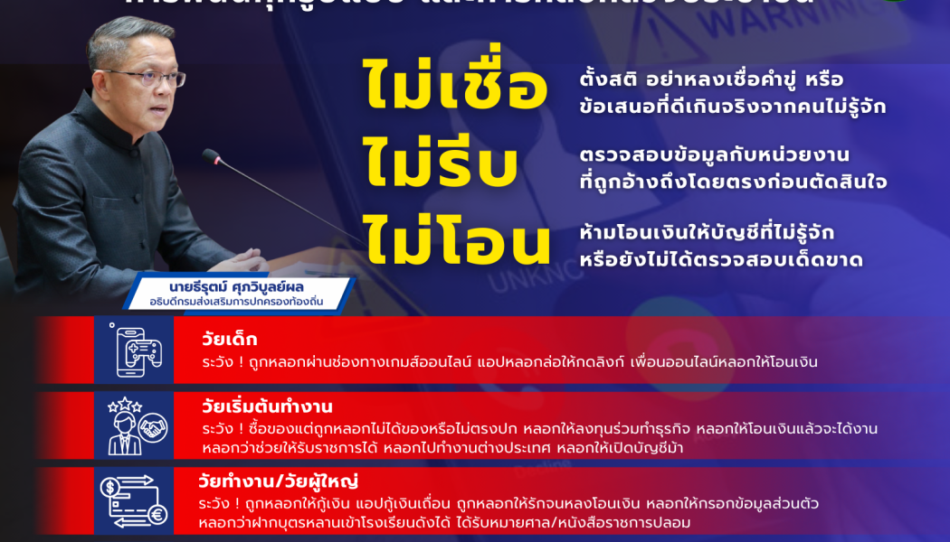 ไม่เชื่อ - ไม่รีบ - ไม่โอน ป้องกันปัญหาอาชญากรรมทางไซเบอร์